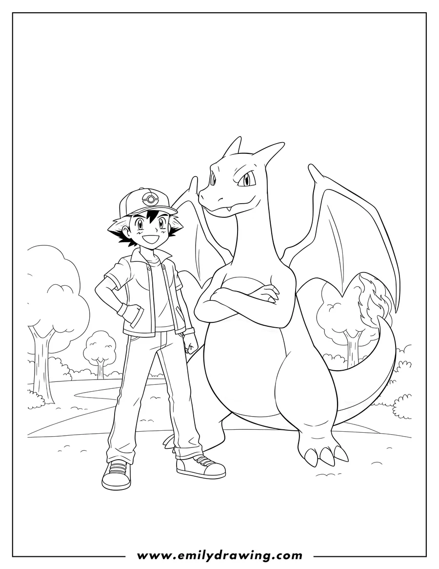 Doodle style coloring picture of ash standing next to Charizard with its arms crossed