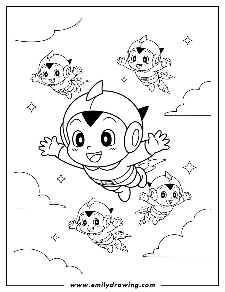 Doodle style coloring picture of kawaii Astro Boy Preschoolers flying with arms spread and smiling