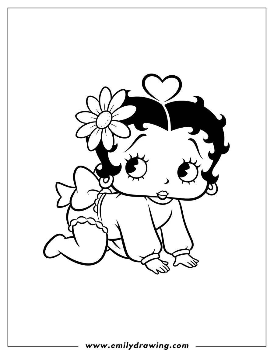 PDF style coloring page: kawaii Baby Betty Boop crawling with a flower in her hair