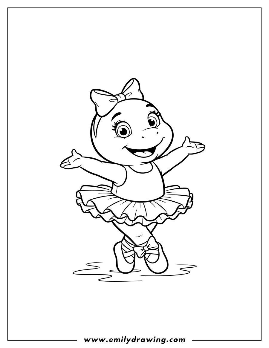 Printable coloring page of kawaii Baby Bop dancing, wearing ballet shoes with arms outstretched