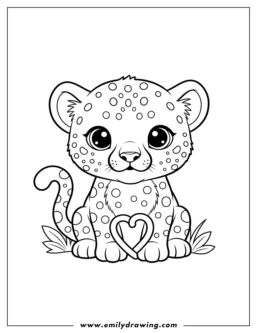 High quality printable kawaii Baby Cheetah Sitting Down, looking forward with its tail curled for coloring