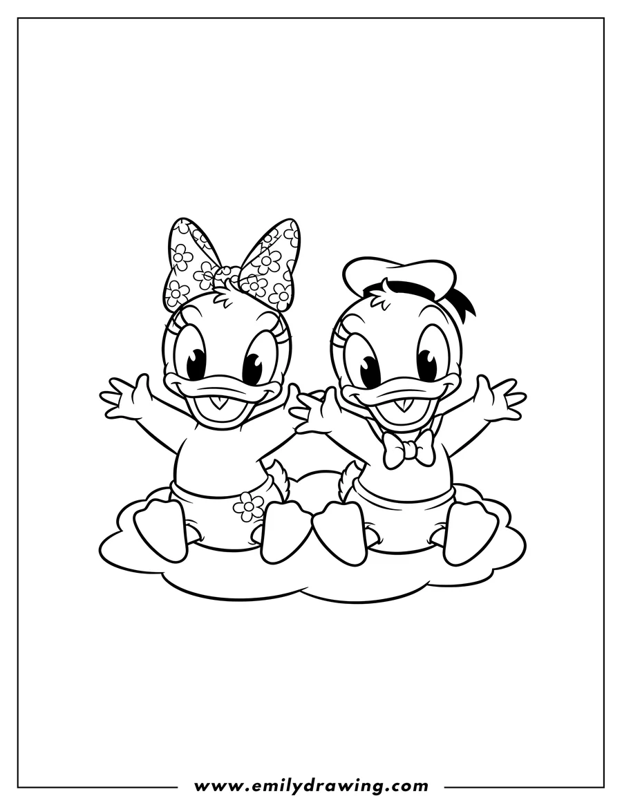 Doodle style coloring picture of kawaii Baby Daisy Duck and Donald Duck sitting happily with outstretched arms