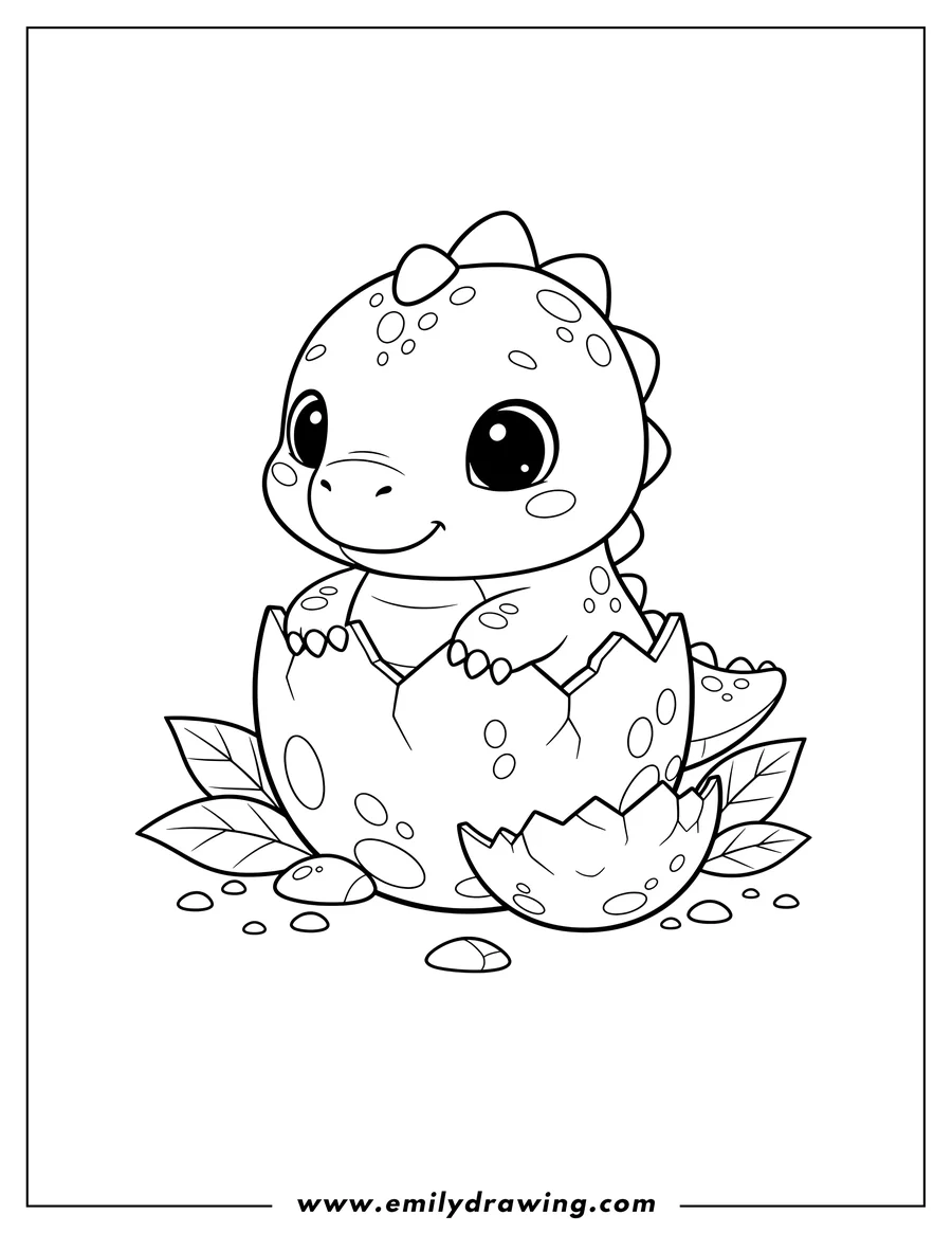 Outline drawing of A kawaii baby dinosaur with paws on the edge of a cracked egg
