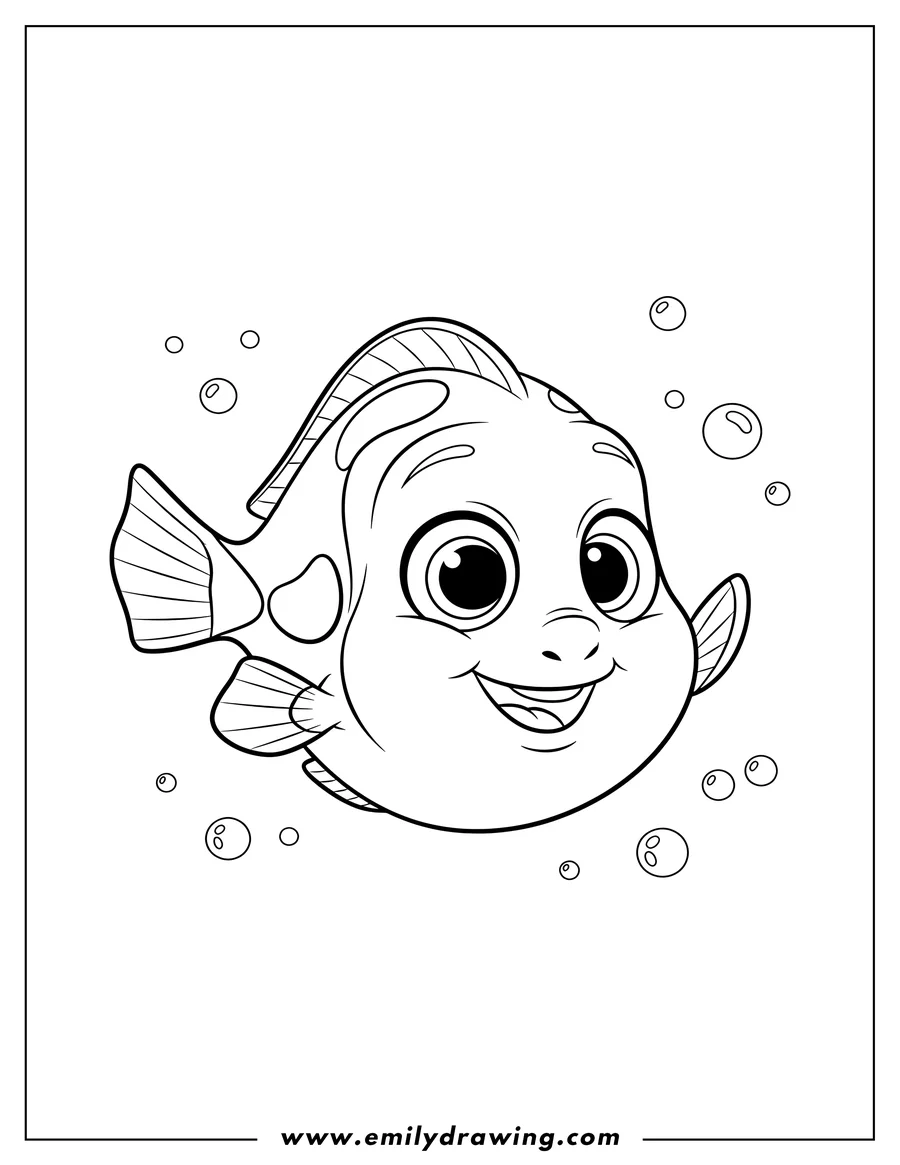 PDF style coloring page: kawaii Baby Dory smiling