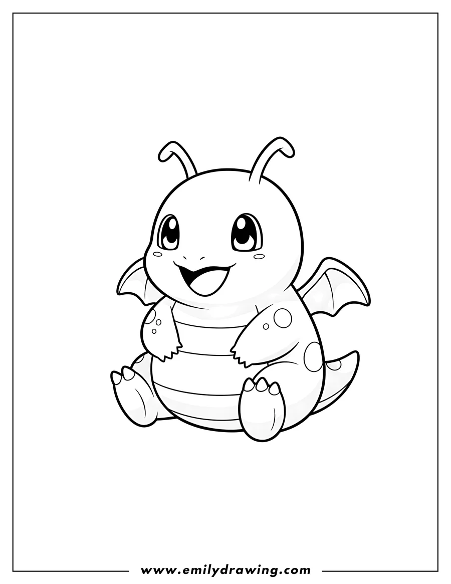 Clean line drawing: kawaii Baby Dragonite happily sitting