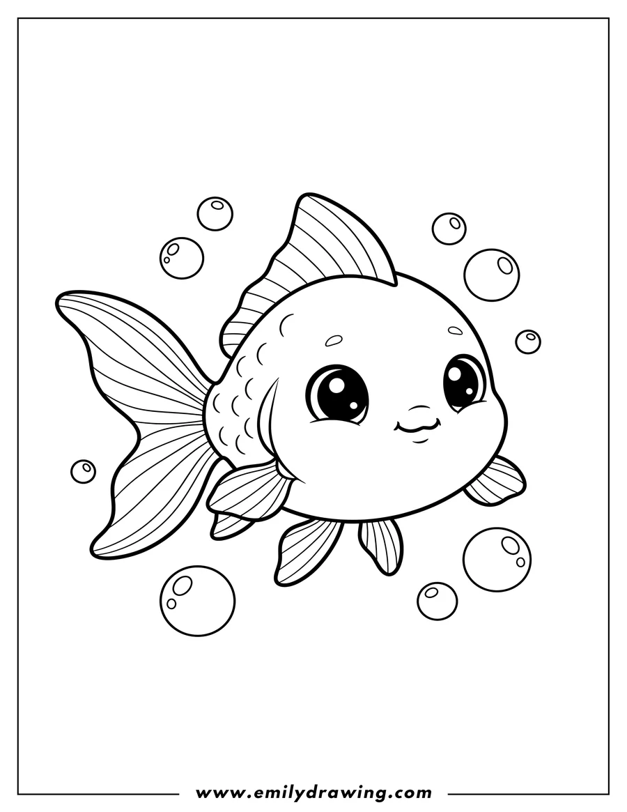 Free to print drawing of kawaii Baby Goldfish with large smiling eyes and bubbles Preschoolers