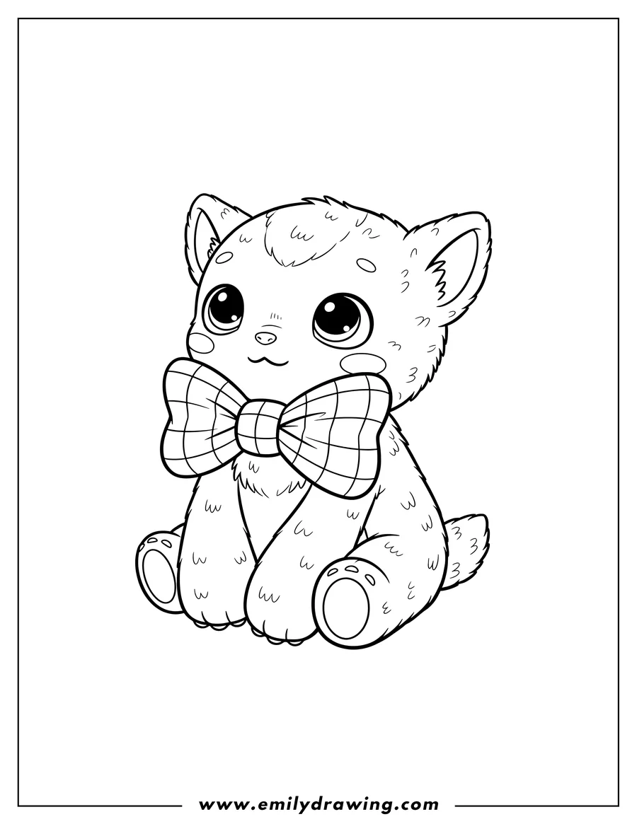 Downloadable coloring page of kawaii Baby Huggy Wuggy sitting with a bow tie and looking up