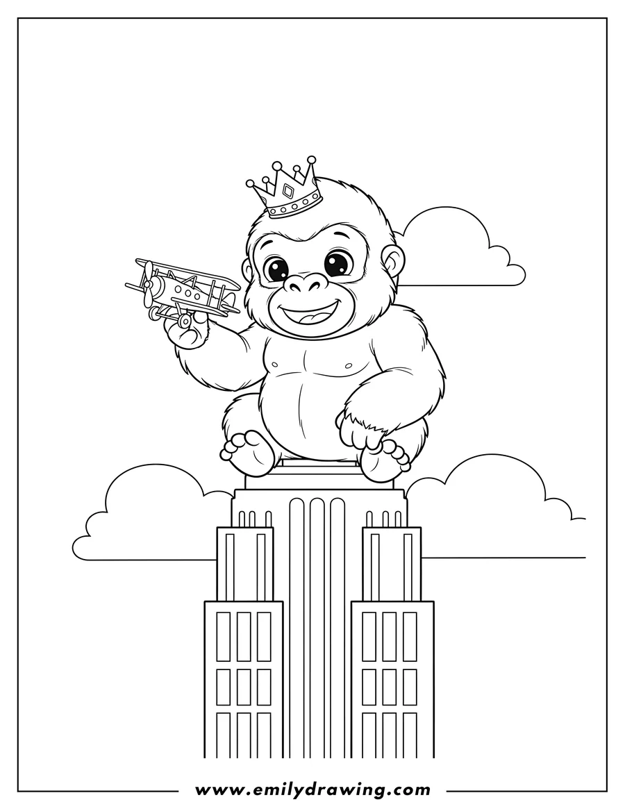 High quality printable kawaii Baby King Kong Sitting On Empire State Building, Happily Holding a Toy Airplane for coloring