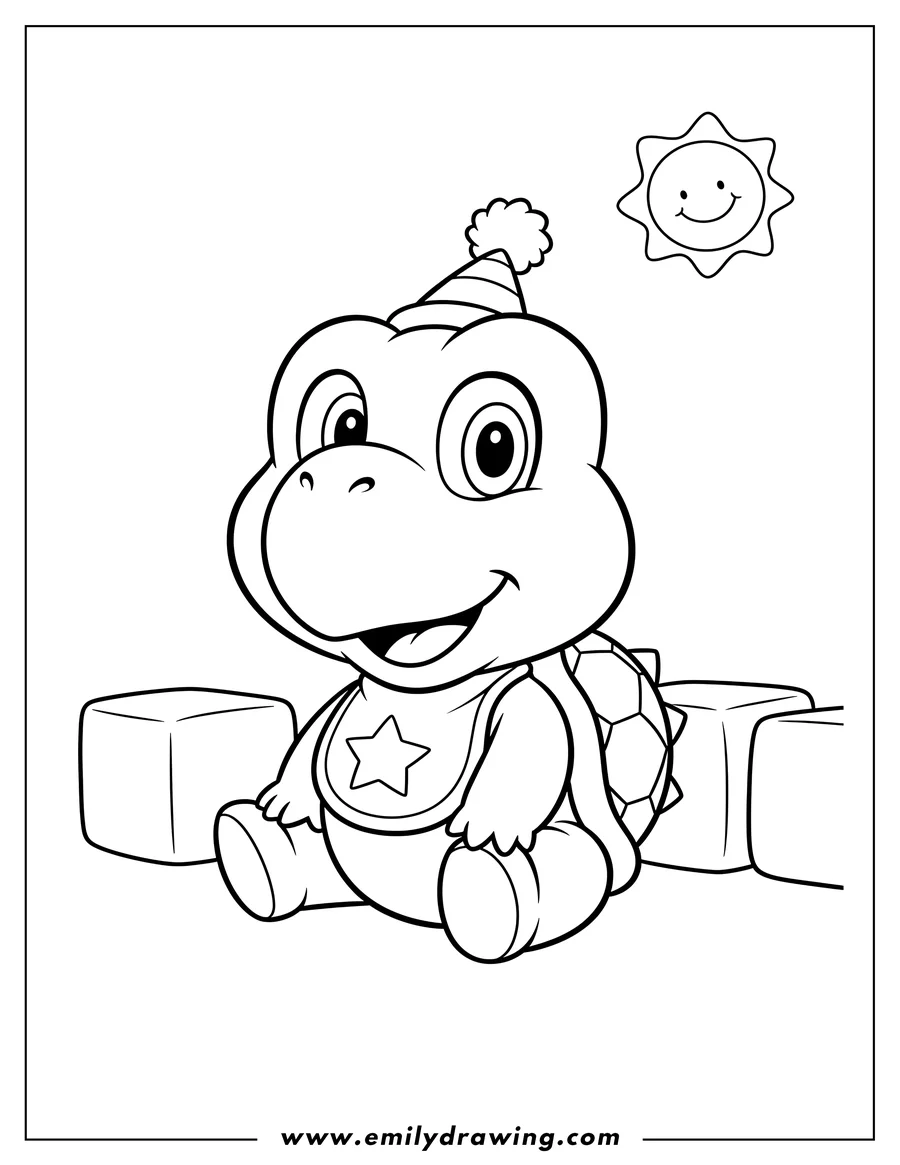 Downloadable coloring page of A Kawaii Baby Koopa Troopa preschooler sitting and smiling