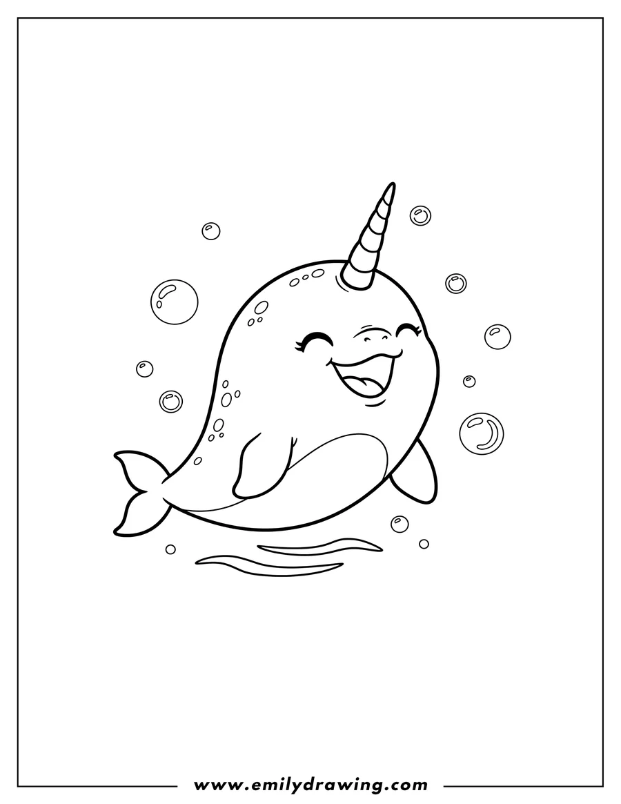 Linear illustration of kawaii Baby Narwhal with closed eyes and open mouth, floating