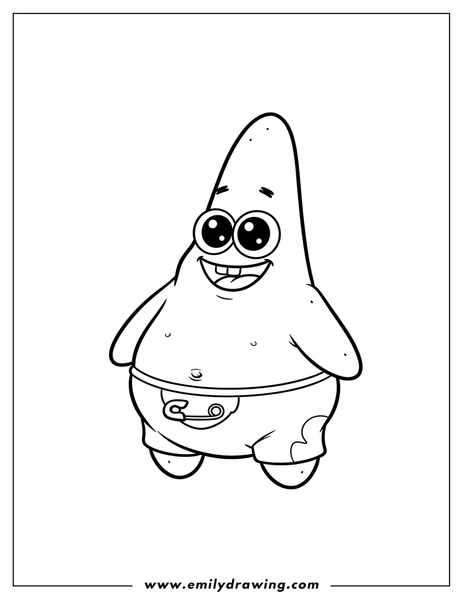 Free to print drawing of kawaii Baby Patrick Star with a big happy smile and wide eyes, wearing a diaper with a safety pin