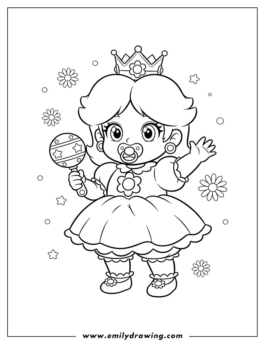 Doodle style coloring picture of kawaii Baby Princess Daisy holding a bell-shaped rattle and wearing a pacifier