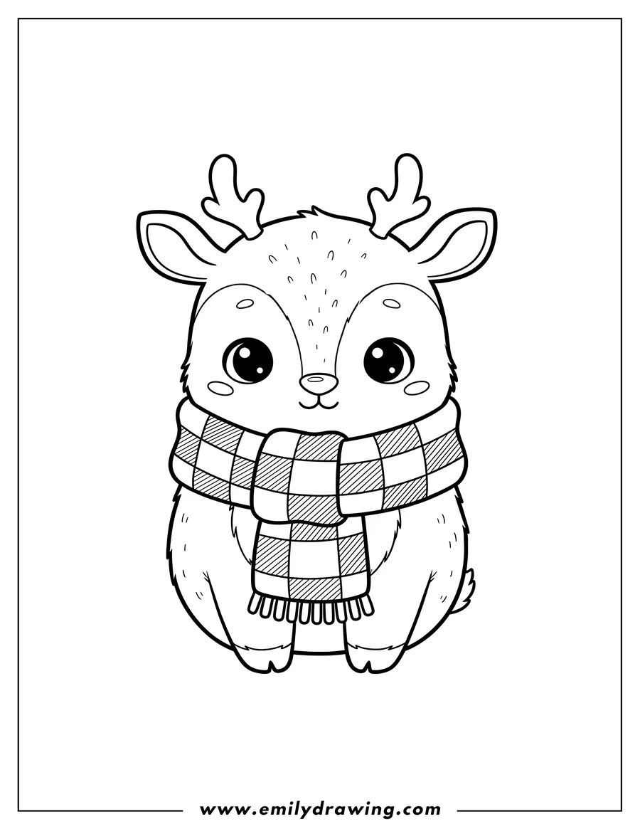 Free printable coloring sheet of kawaii Baby Reindeer with Small Antlers, bundled in a thick plaid scarf, for preschoolers