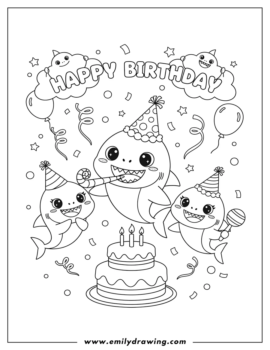Outline drawing of kawaii Baby Sharks with party hats and a party blower celebrating Happy Birthday