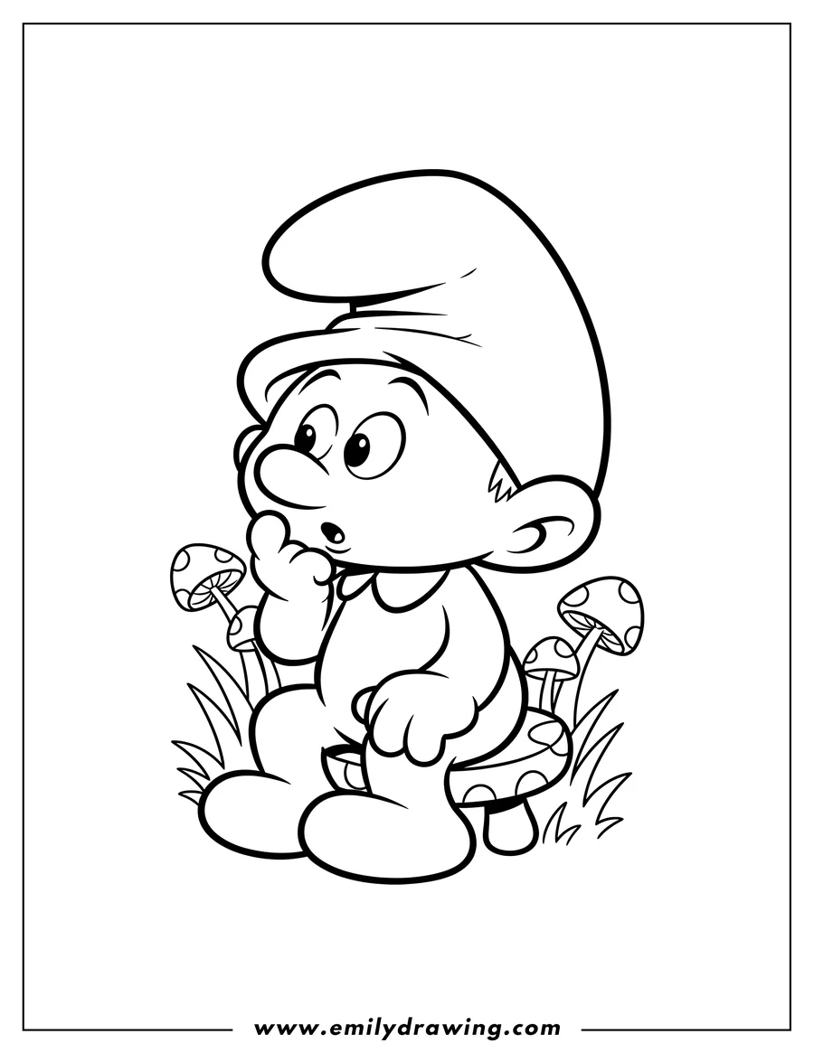 Vector style outline of kawaii Baby Smurf sitting thoughtfully