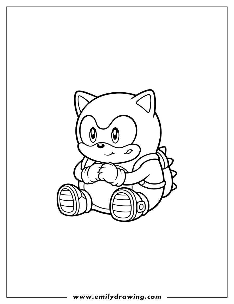 Coloring page for kids: kawaii Baby Sonic Scaled, sitting with a happy expression and hands together