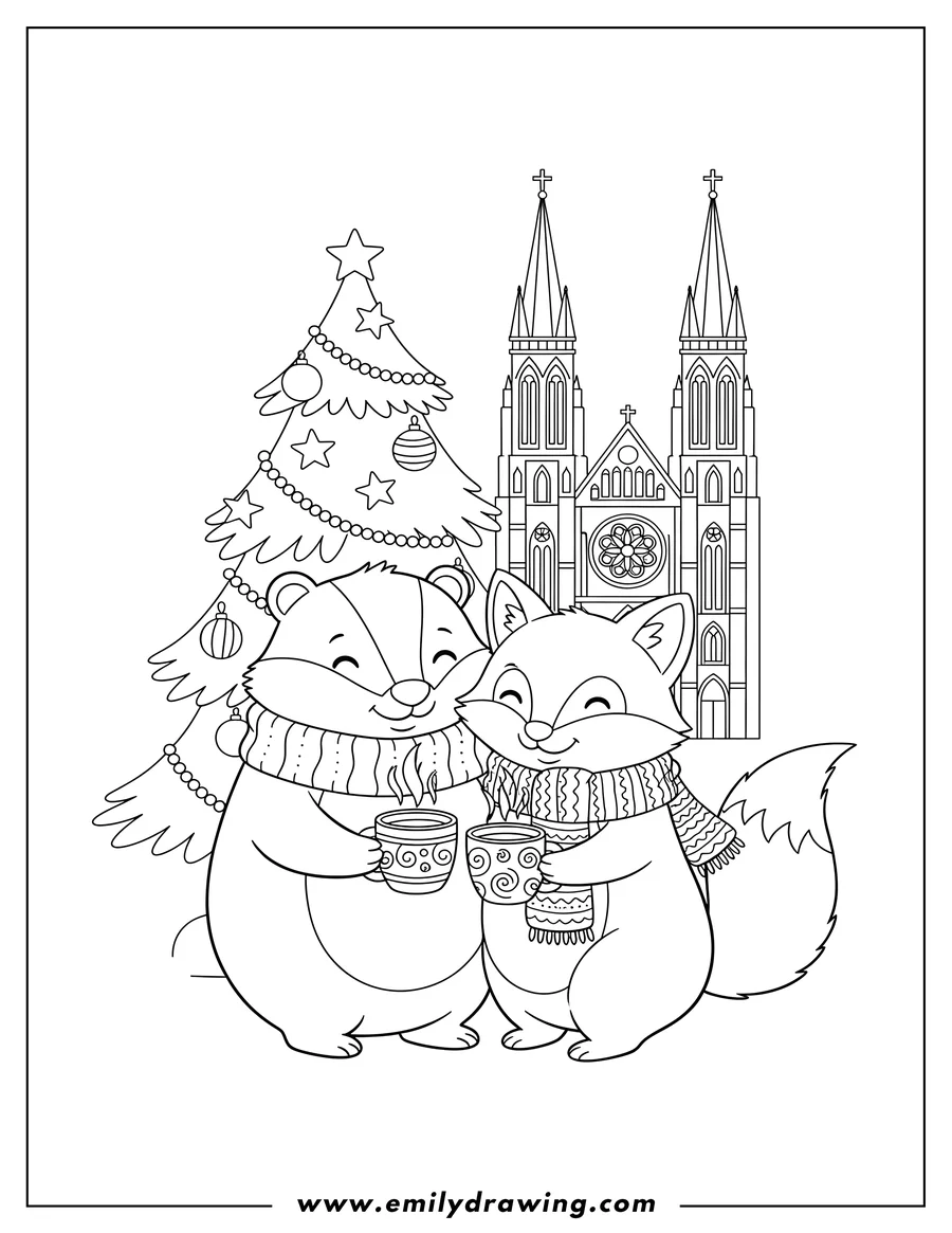Doodle style coloring picture of cartoon Badger and Fox wearing scarves, hugging, holding mugs of hot beverage, in front of a Christmas tree and cathedral