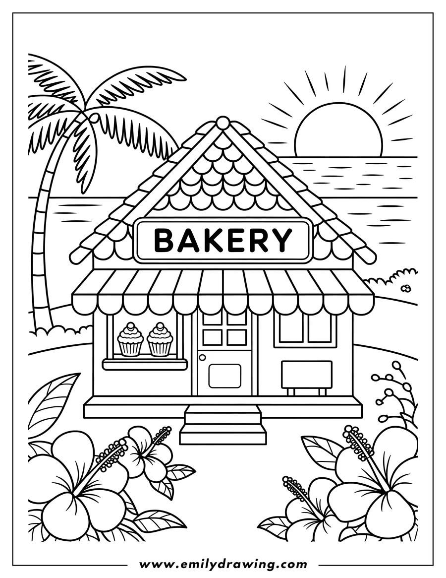 Full page coloring image of bakery