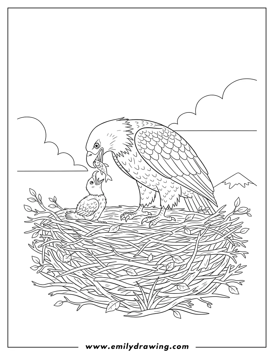 Doodle style coloring picture of bald Eagle feeding chick with open beak in a nest