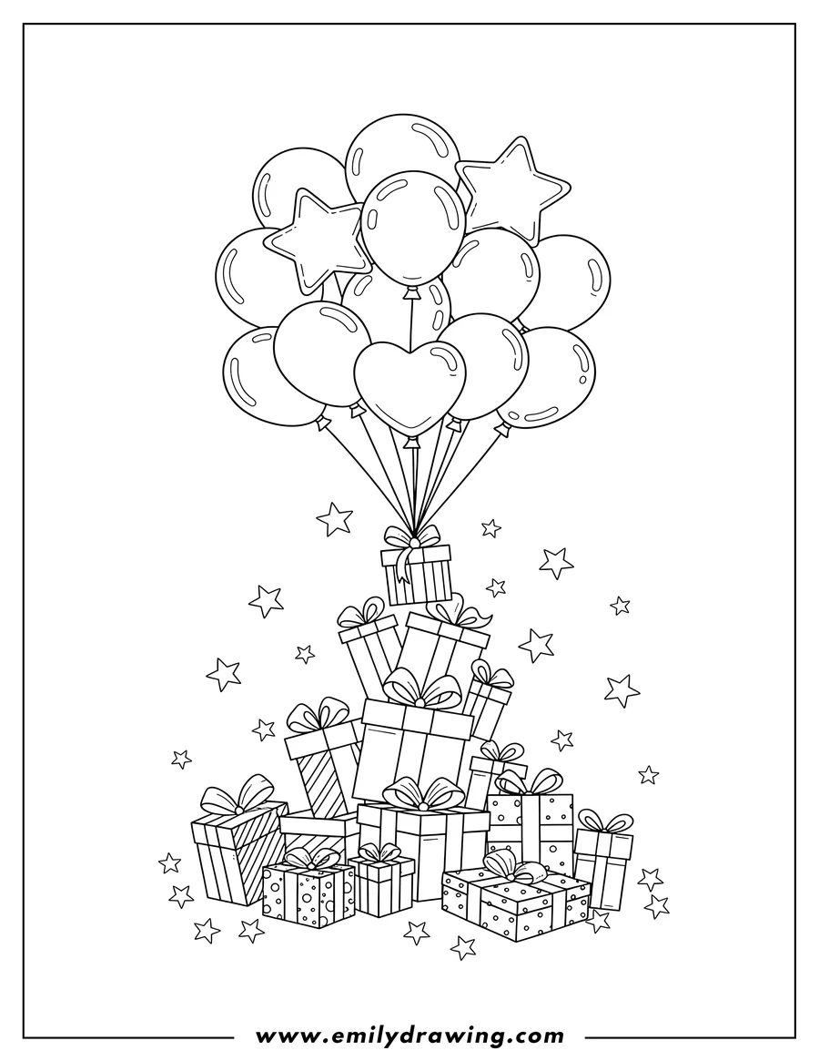 Full page coloring image of balloons floating with a stack of gifts, surrounded by smaller presents and stars