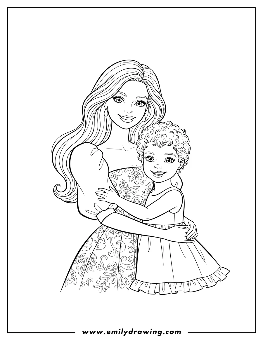 Free printable coloring sheet of barbie and sister Kelly smiling together