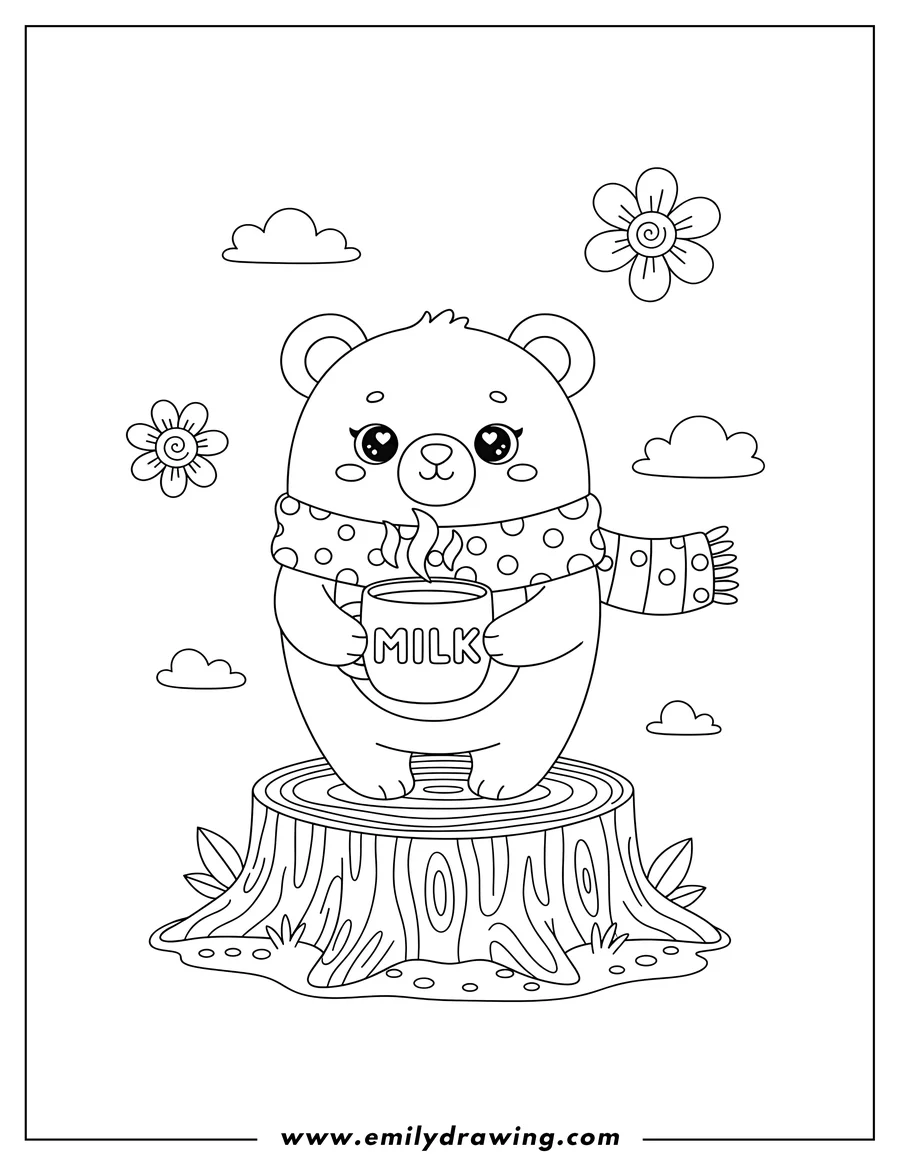 Downloadable coloring page of kawaii Bear Holding Cup O Milk, wearing a scarf, standing on a tree stump