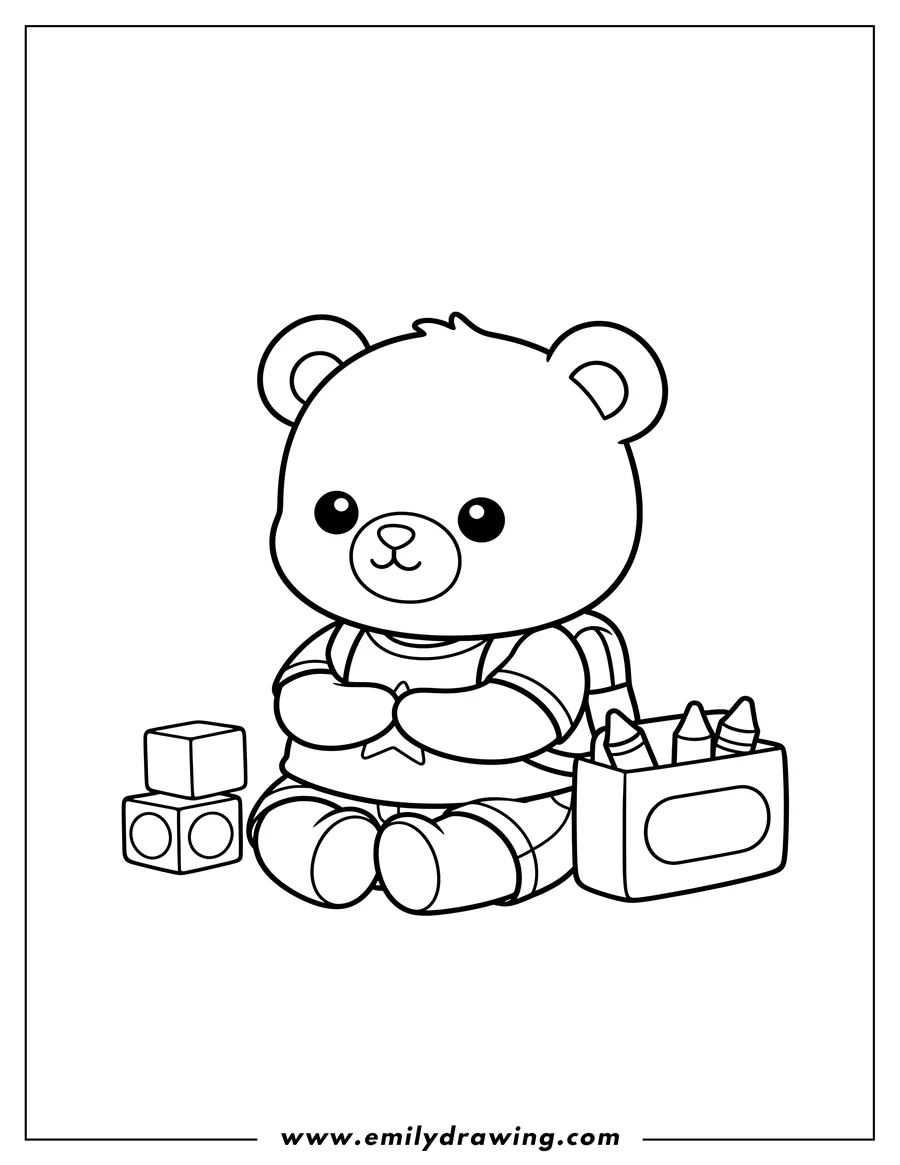 Vector style outline of kawaii bear preschooler sitting with paws together