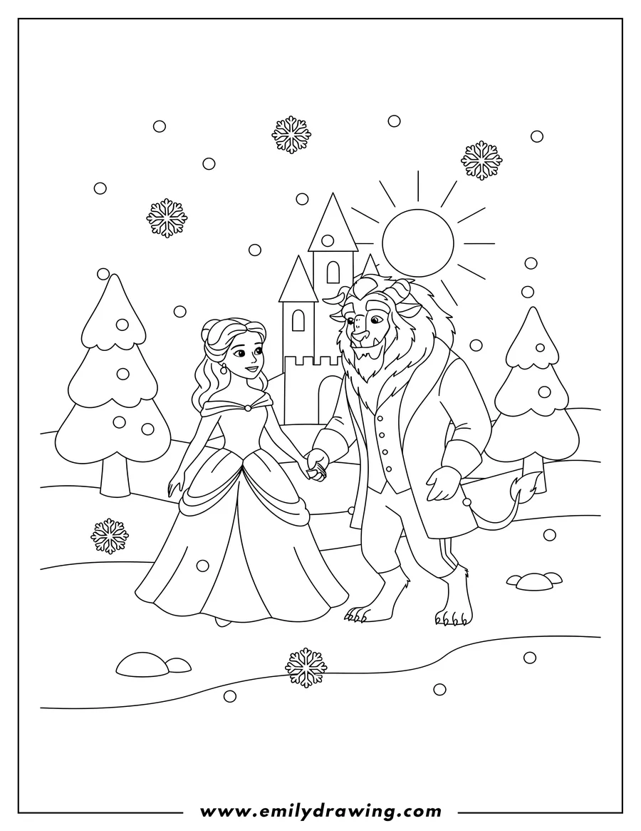 Clean line drawing: easy Beauty And Beast holding hands in the snow