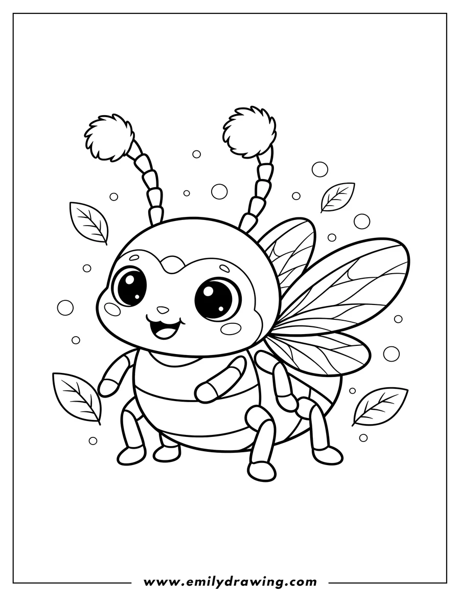 Vector style outline of kawaii Beetle With Large Eyes Preschoolers, with antennae and wings