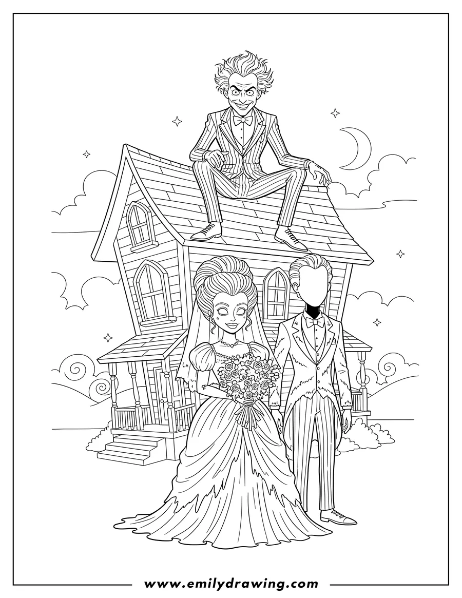 Full page coloring image of beetlejuice Cartoon With Barbara (bride holding bouquet) and Adam Maitland (headless groom) in wedding attire, with Beetlejuice sitting on a house