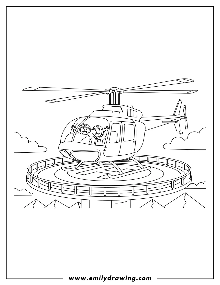 Coloring sheet featuring bell 206 Helicopter on a helipad