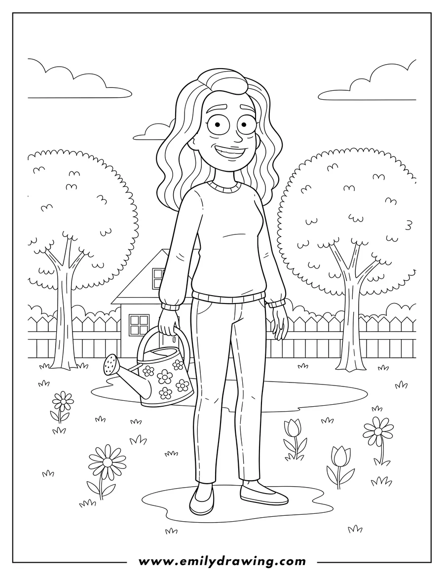 Outline drawing of beth Smith standing and smiling in her yard