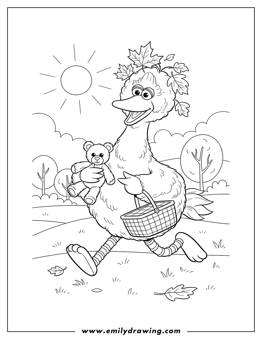 PDF style coloring page: big Bird running in a field, carrying a teddy bear and a basket, with leaves on his head