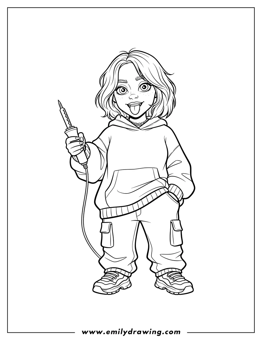 Vector style outline of billie Eilish sticking out her tongue, holding a soldering iron