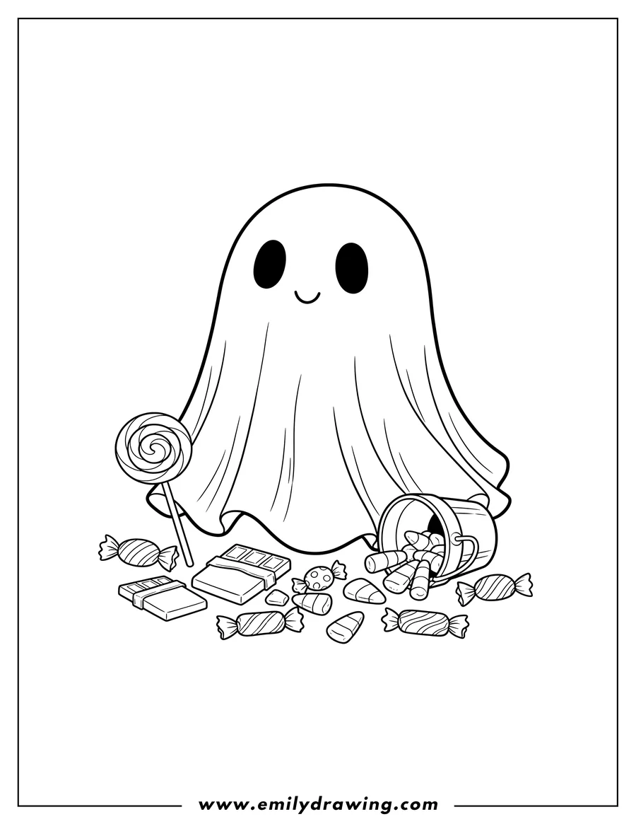Printable line art of A cute blanket ghost with large oval eyes, surrounded by various trick or treat candies