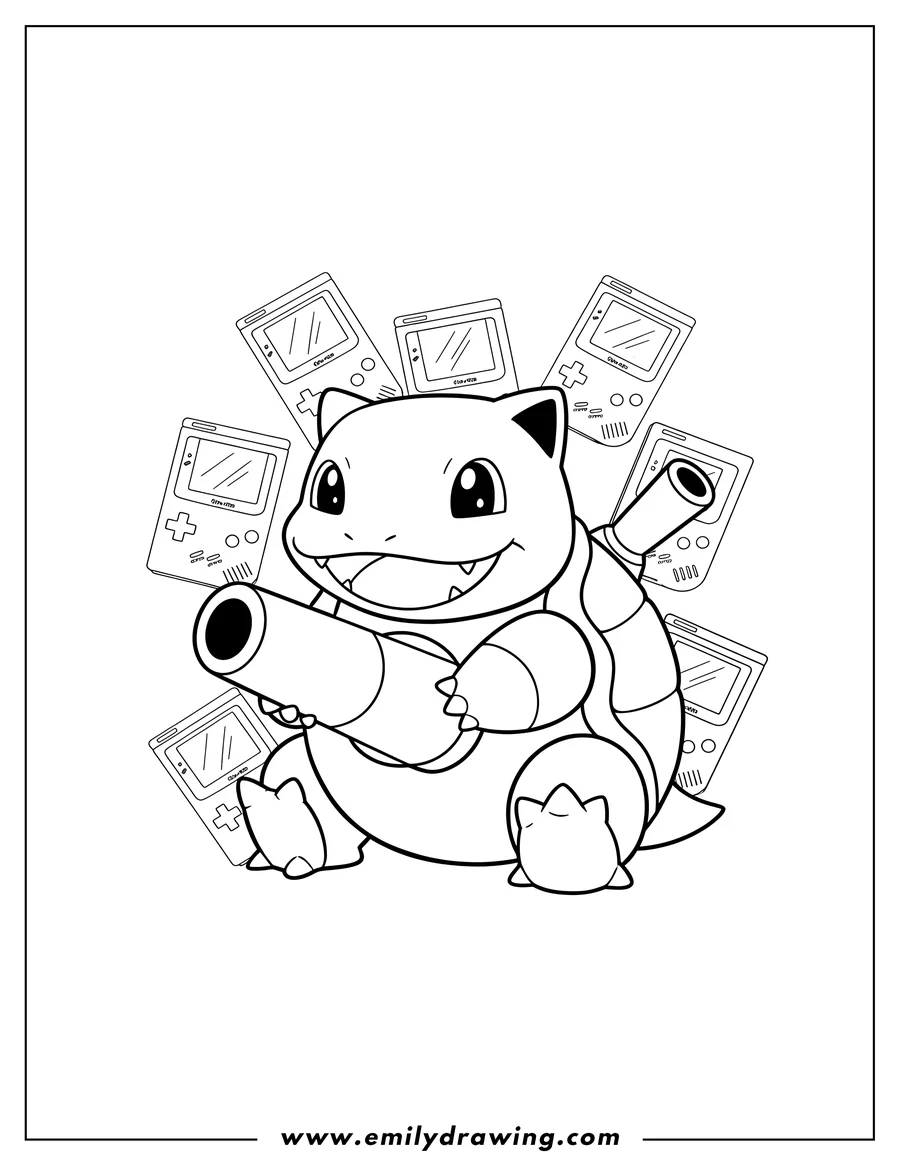 Vector style outline of kawaii Blastoise With Game Boy Background, sitting happily and holding its water cannon