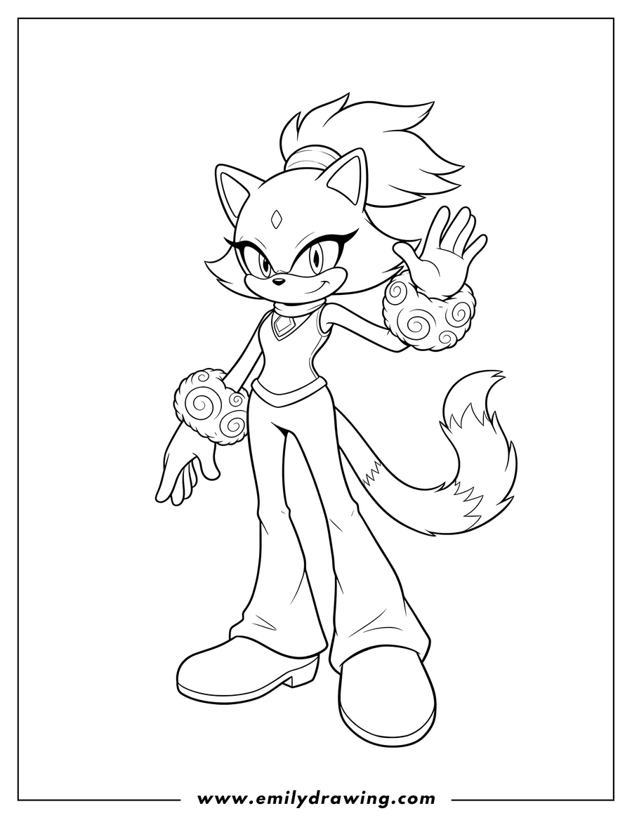 Printable coloring page of blaze the Cat standing with a raised hand and fluffy cuffs