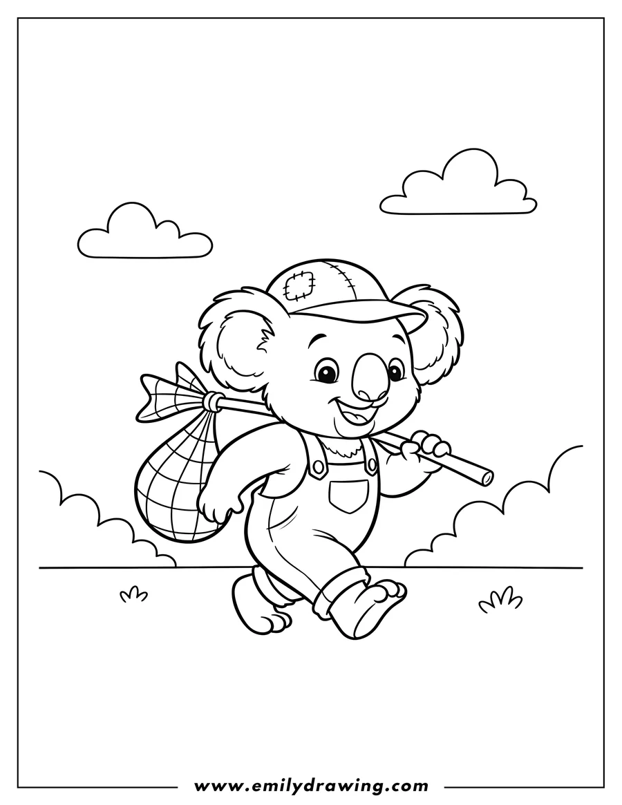 Black and white line art of blinky Bill Koala Scaled, walking happily and carrying a bindle on a stick over his shoulder