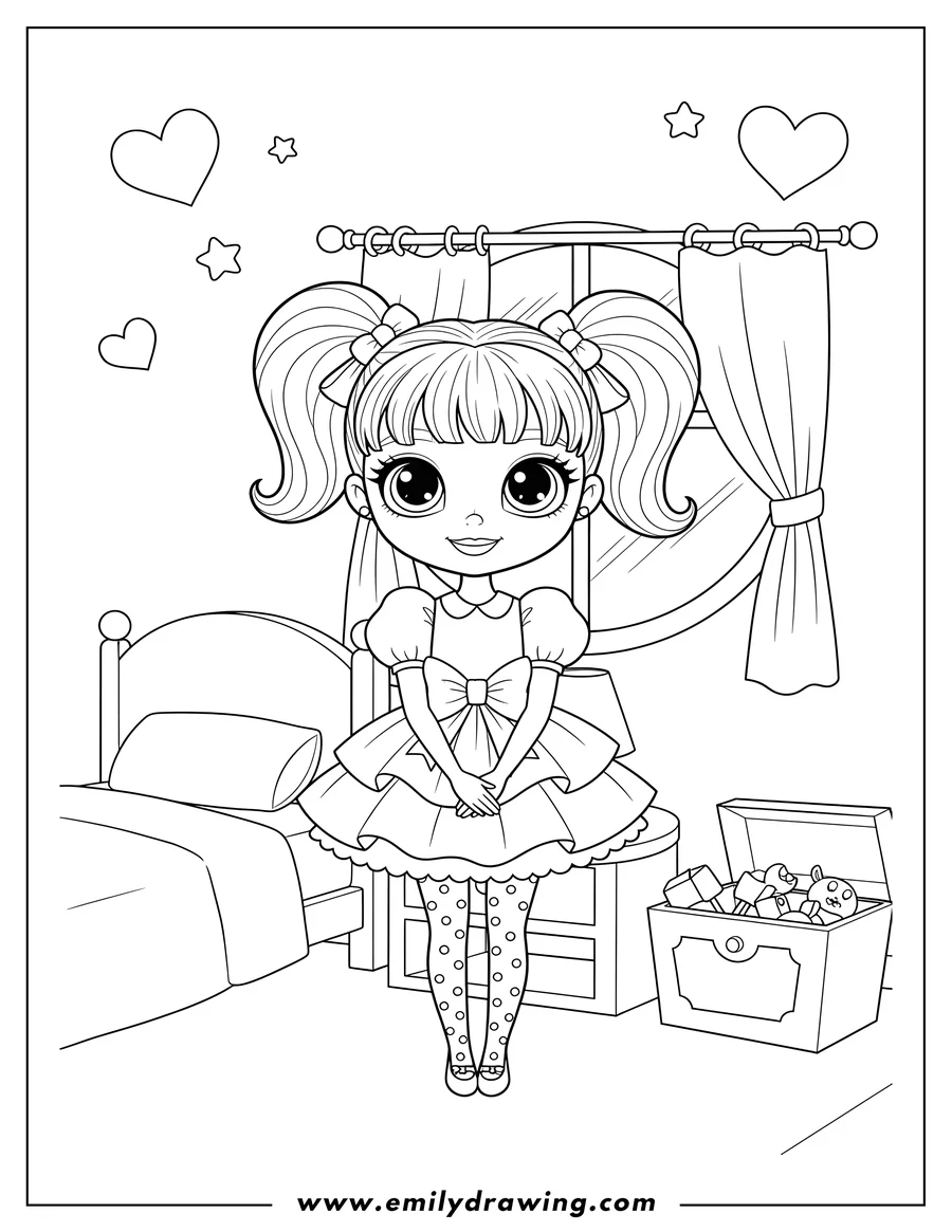 Simple sketch of kawaii Blythe Baxter with big eyes, wearing a dress and polka dot leggings, in her bedroom to color