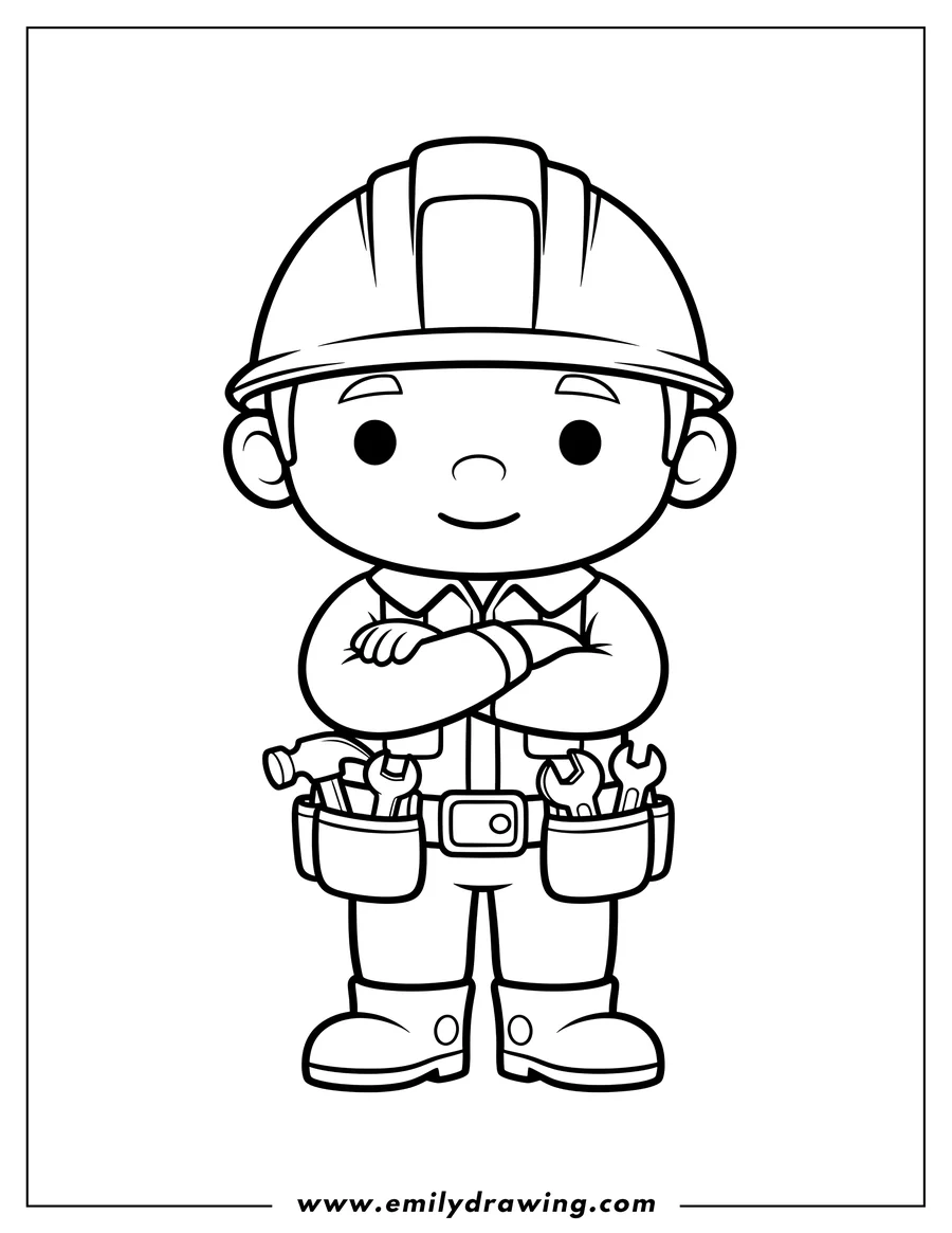 Full page coloring image of kawaii Bob Builder wearing his helmet and tool belt, with arms crossed