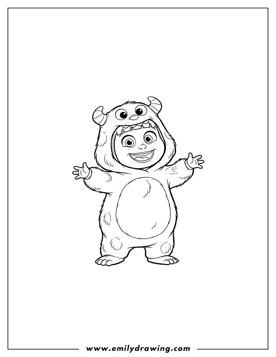 Black and white line art of boo Dressed As Monster, smiling in her costume with big eyes