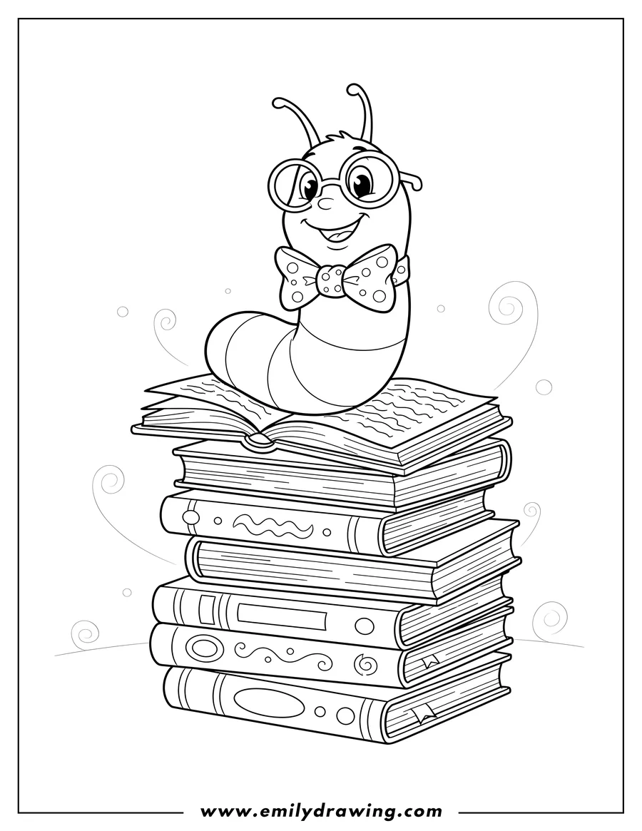 PDF style coloring page: booker T. Bookworm wearing glasses and a bow tie, sitting on a stack of books