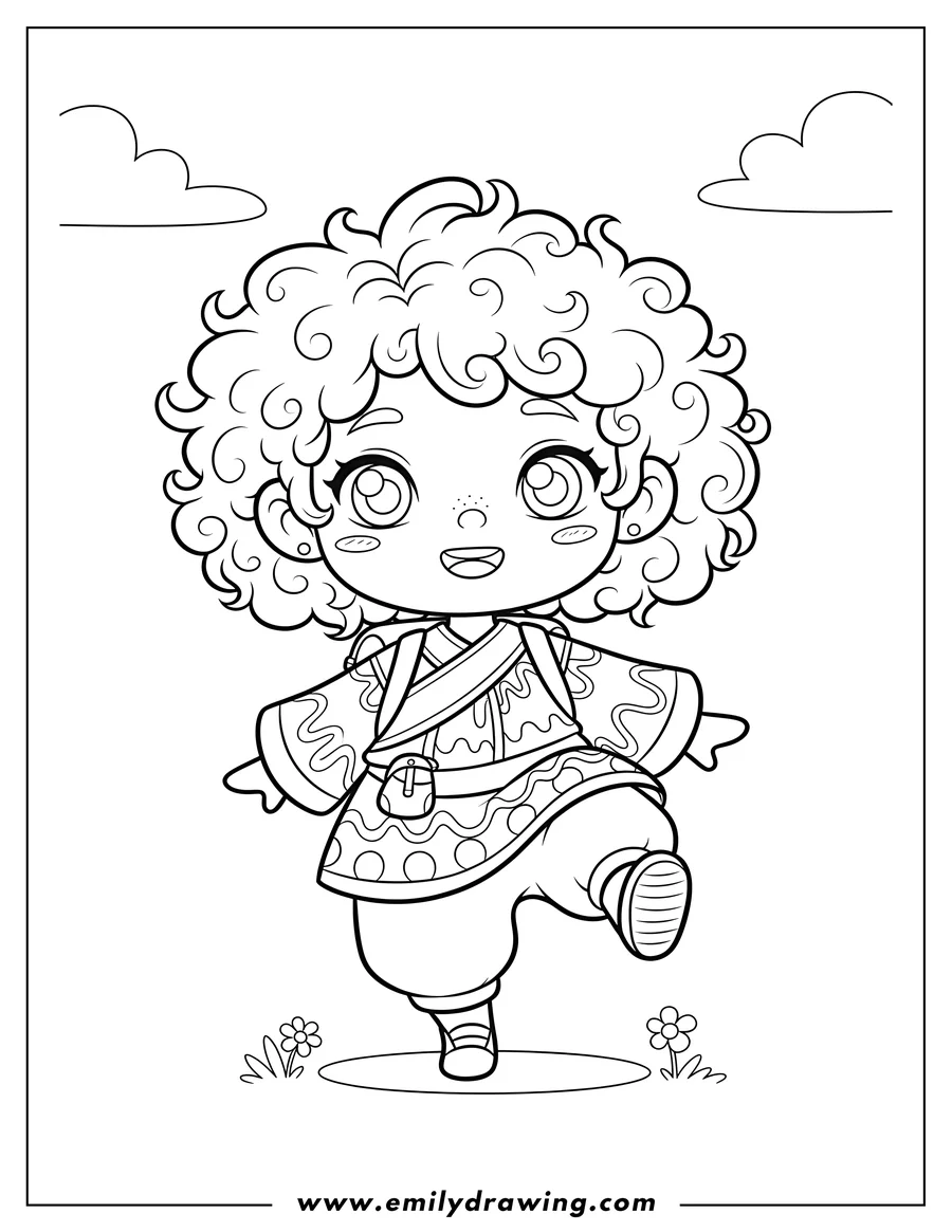 Clean line drawing: kawaii Boq with curly hair, one leg raised