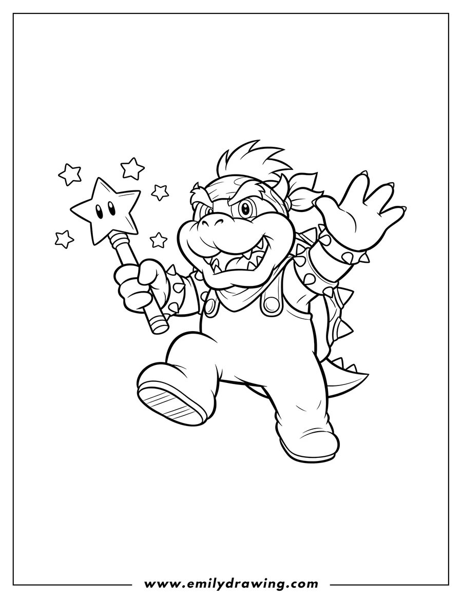 Black and white line art of bowser Jr. holding a magic wand, happy, to color