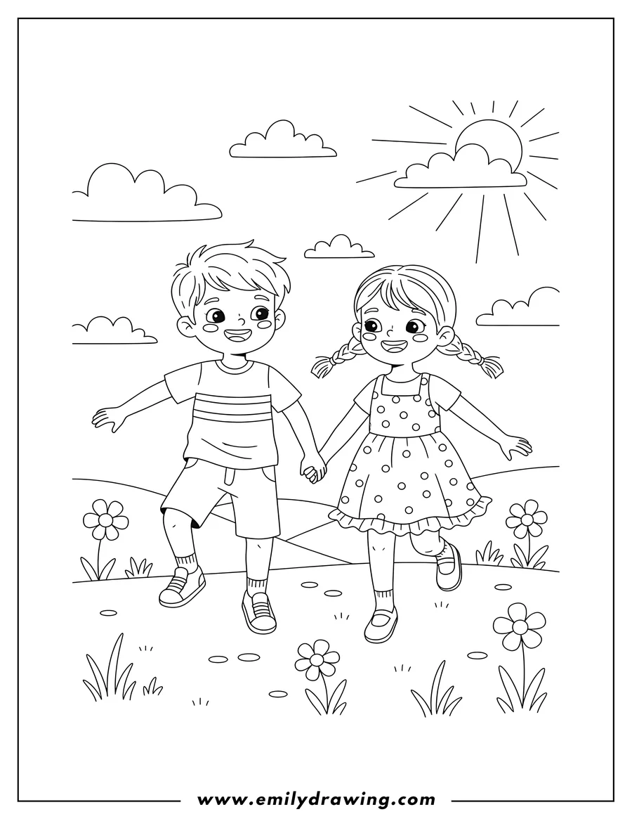 Vector style outline of boy and girl holding hands skipping in nature