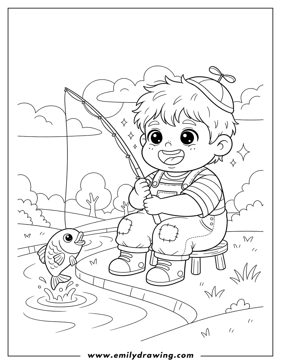 High quality printable kawaii Little Boy Fishing River Preschoolers, caught a fish with a big smile for coloring