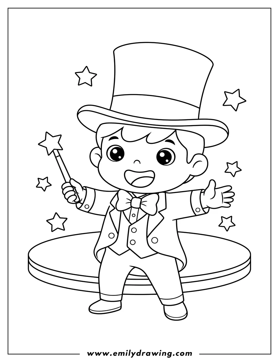 Full page coloring image of kawaii Boy Magician With Wand Preschoolers, wearing a top hat and tuxedo with a bow tie, smiling and gesturing with one hand