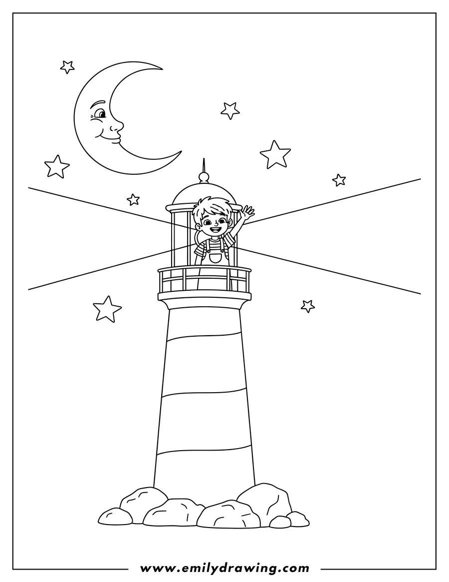 Vector style outline of boy waving from the lighthouse lantern room, shining beams of light with a crescent moon on a starry night