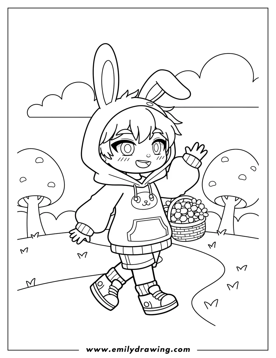 Vector style outline of kawaii Gacha Life Boy With Bunny Ears Walking, Holding Basket and Waving