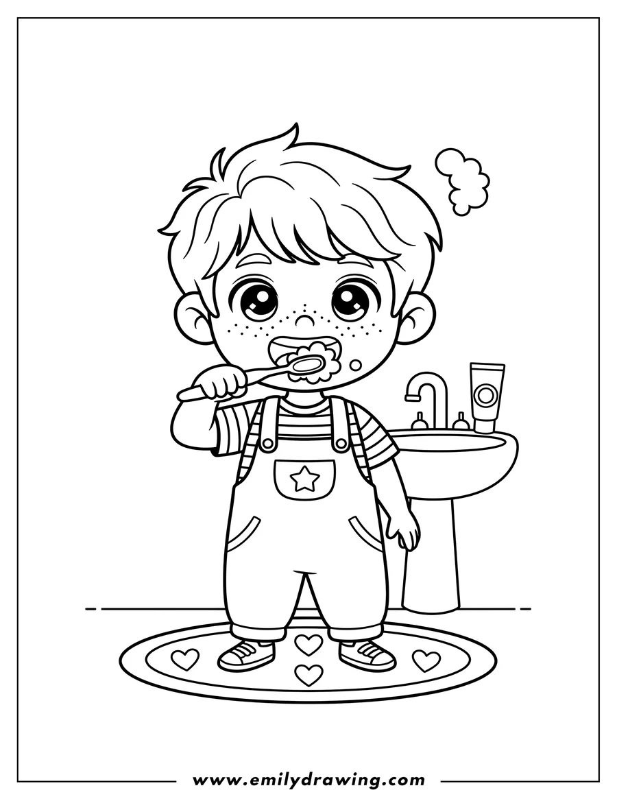 Printable line art of kawaii Boy with freckles brushing teeth